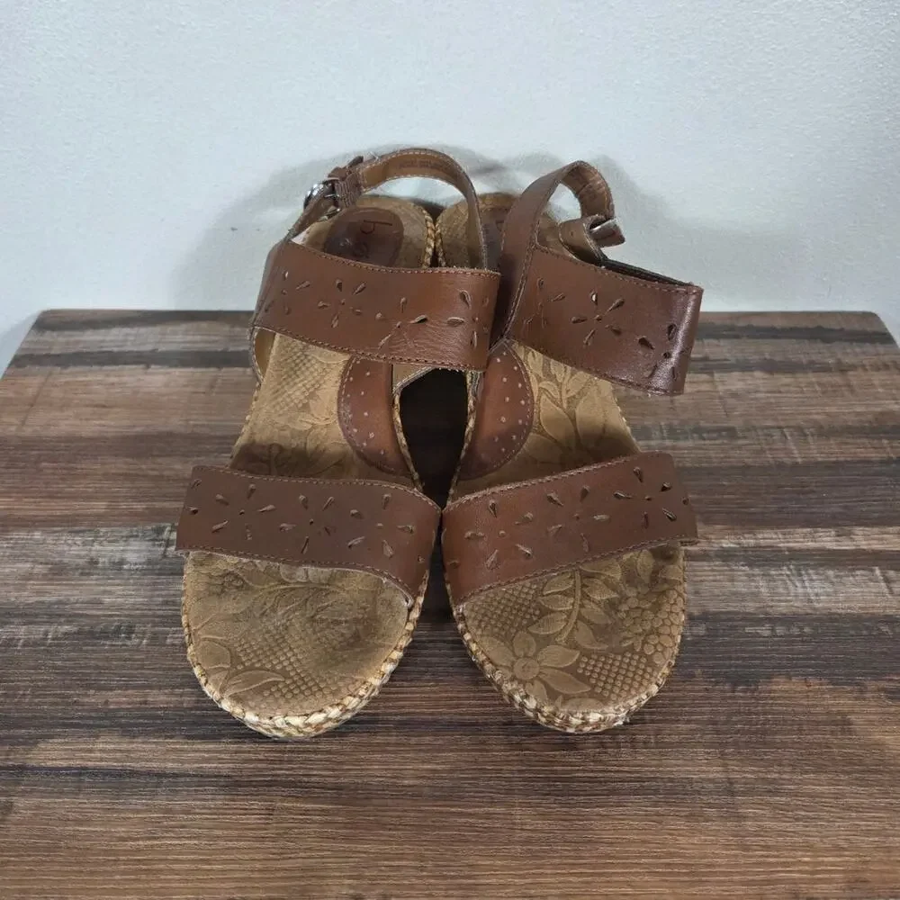 Born Concept Woman's Brown Leather Wedge Heel Tan Weave Sandal Size 9 Boho Indie